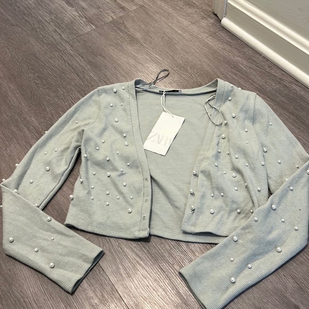 Zara Light Blue Pearl Studded Cardigan